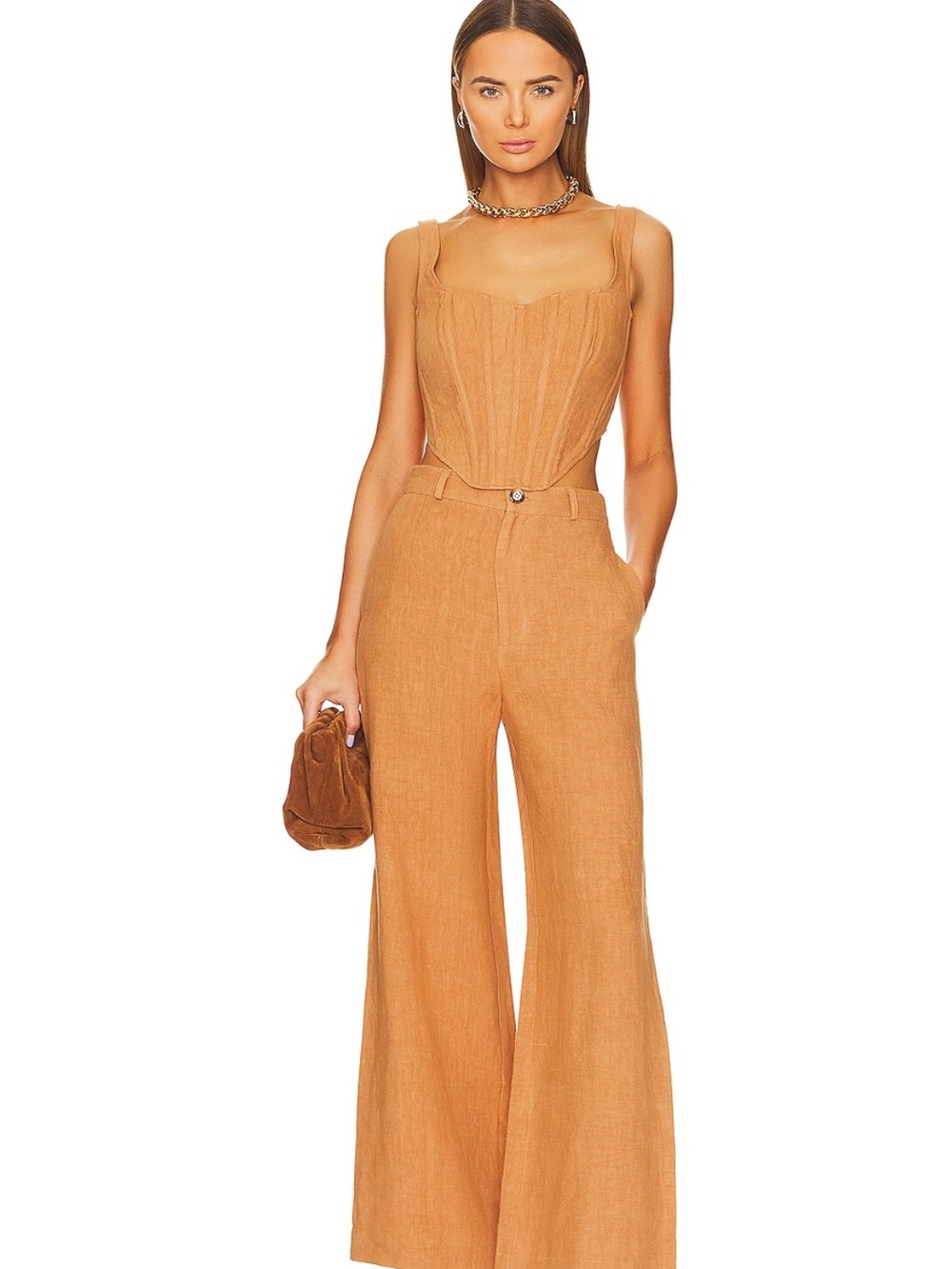 Bardot Enya Wide-Leg Linen Blend Pants in Camel Brown